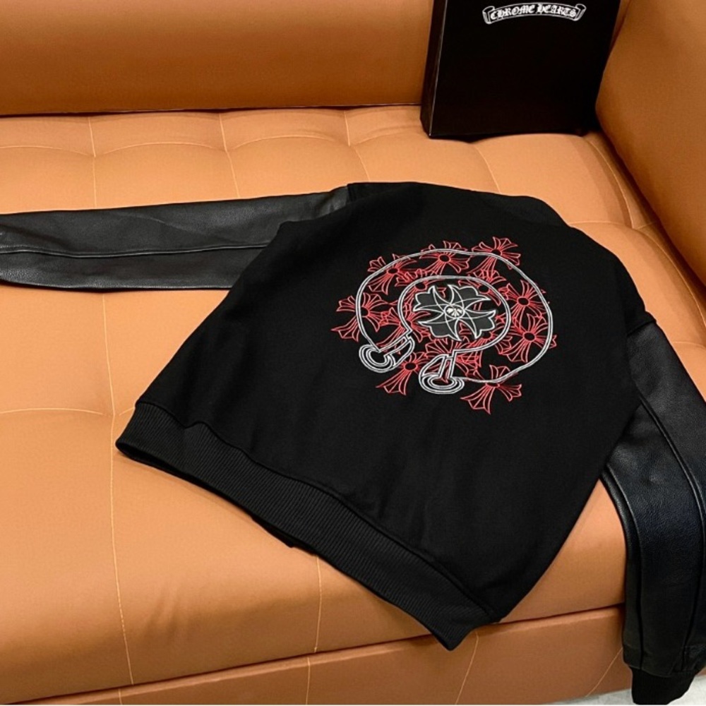 Chrome Hearts Black Leather-Sleeve Varsity Jacket with Red Embroidered Crest - Picture 7 of 7